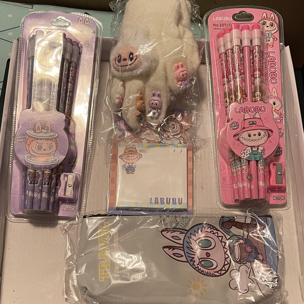 Kids Stationery Set - Pink and White . Labubu bundle